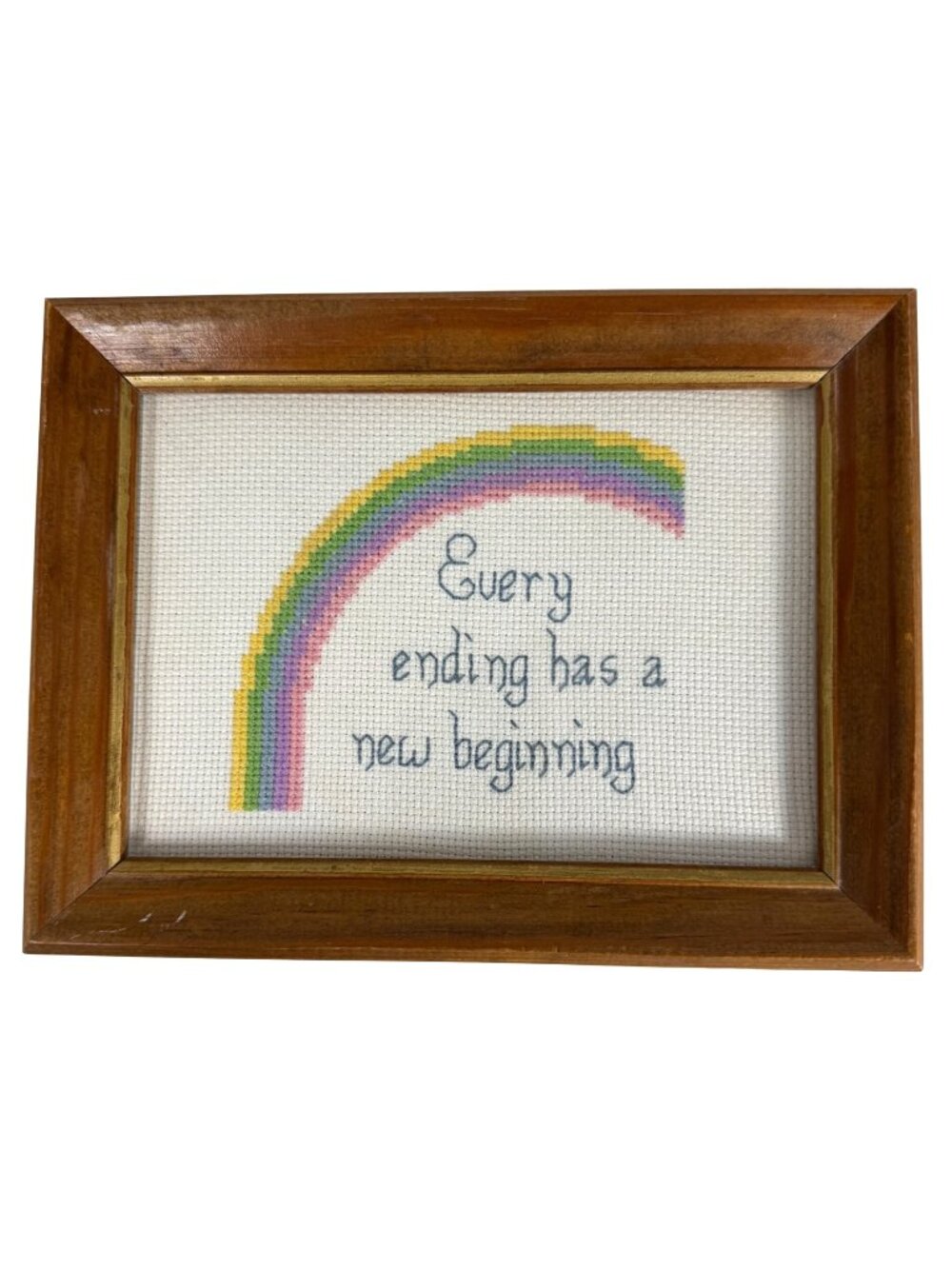 Framed Cross-Stitch Art 'Every Ending Has A New Beginning' With Rainbow Design